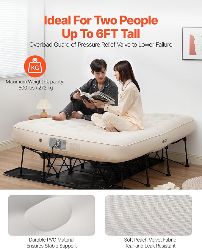 VEVOR Air Mattress with Frame Inflatable 2 Person Camping Cot with Built-in Pump Portable Folding Air Beds Supports 600 lbs Blow Up Bed for Guests Camping Travel Indoor &amp Outdoor Use