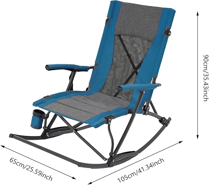 Folding Camping Rocking Chair Portable Outdoor Rocker Chair with Cup Holder for Picnic Outside Backyard Patio Lawn Garden