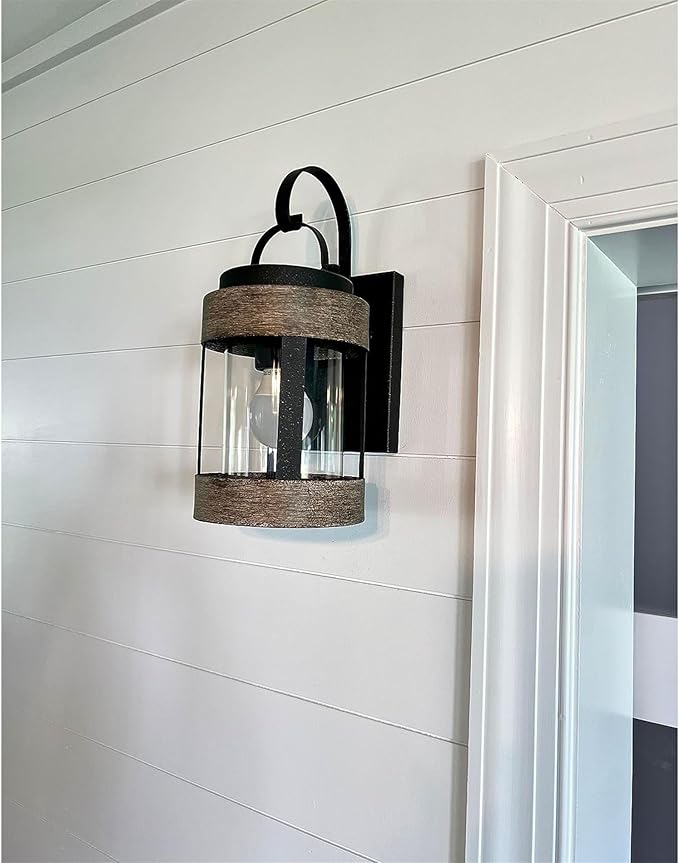 Kira Home Rochester 14 Modern Indoor Outdoor Wall Sconce + Cylinder Glass Shade Weathered Oak Wood Style + Textured Black Finish