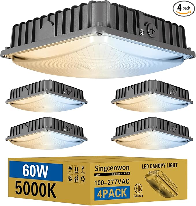 60W LED Canopy Light 4Pack 5000K Daylight LED Canopy Lights Outdoor IP65 Waterproof Gas Station Area Light for Carport Garage Shop Warehouse 100-277VAC ETL Listed