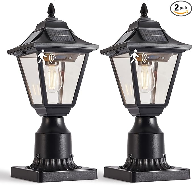 2 Pack Solar Post Lights Motion Sensor Solar Lamp Post Lights with Pier Mount Base Outdoor Waterproof Post Lantern for Yard Garden Pole Pillar