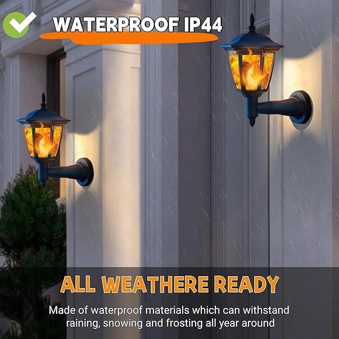 Dynaming 4 Pack Solar Flame Wall Lanterns Outdoor Solar Powered Wall Mounted Sconce Lights Flickering Flame LED Lights Auto On/Off Wall Hanging Lights Waterproof for Garage Stair Patio Porch Yard