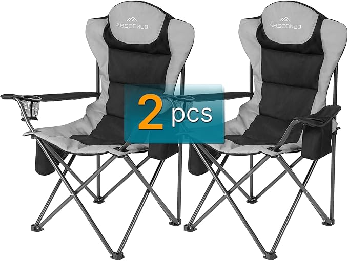 ABSCONDO Camping Chairs for Adults Oversized Folding Camp Chair for Outdoor with Cup Holder &amp Cooler Bag XL Heavy Duty Lawn Chairs Supports up to 350lbs (2 Pcs)