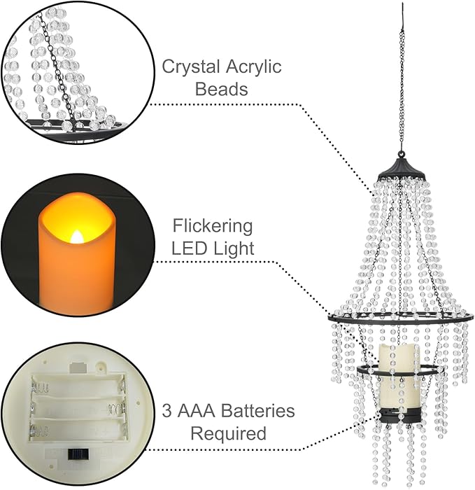 Hanging Candle Chandelier Outdoor Battery Operated Clear Acrylic Beaded Chandelier with Flickering Led Candle Light S Hooks Modern Lantern for Garden Yard Patio Gazebo Room Indoor Decorations 28”H