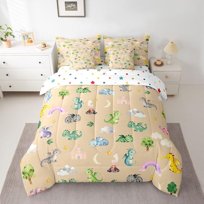 Baby Dragon 7 Piece Bedding Set King Size Animal Comforter Set with SheetsPillowcases &amp Cushion Cover for Boys Girls Bedroom Decor Cartoon Wildlife Bed in a Bag Microfiber Women Men Brown Beige