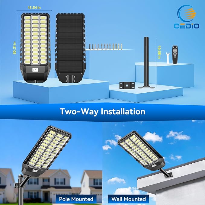 CEDIO 12000W Commercial Grade Solar Street Light IP67 Waterproof Heavy Duty LED Flood Light with Remote &amp Motion Sensor Dusk to Dawn Security Light for Parking Lot Farm Property Yard
