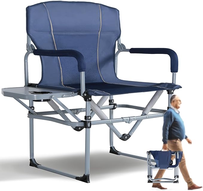 SHALLWE Oversized Director Chairs No Assembly Heavy Duty Folding Chair with Side Table for Camping Fold Up Outdoor Lawn Chairs for Adults Navy