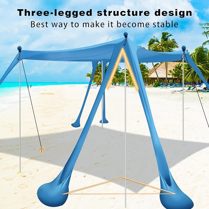 Beach Canopy Tent Sun Shade with 6 Sandbags Beach Tent Sun Shelter UPF 50+ UV Protection Poles and Ground Pegs and Anti-Wind Ropes for Outdoor Camping Backyard and Picnics