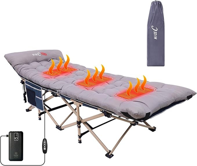 Nice C Heated Cot with Battery Heated Camping Cots with Cushion Folding Cots with Mattress for Adults with Pillow Carry Bag Storage Pocket Extra Wide Sturdy Holds Up to 500 Lbs (Grey 1 Pack)
