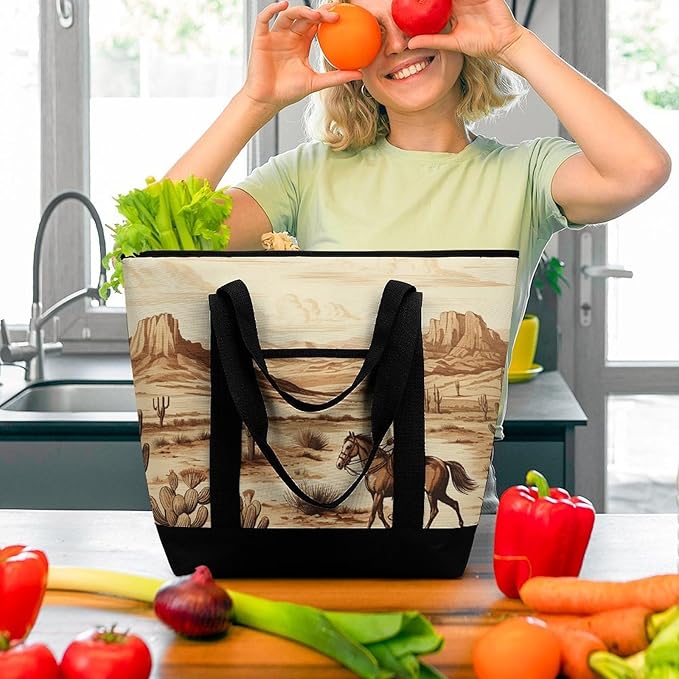 Insulated Shopping BagLarge Reusable Cooler Bags West Desert Cactus with Cowboys Riding Horses Printed Foldable Shopping BagTravel Waterproof Shoulder Bag