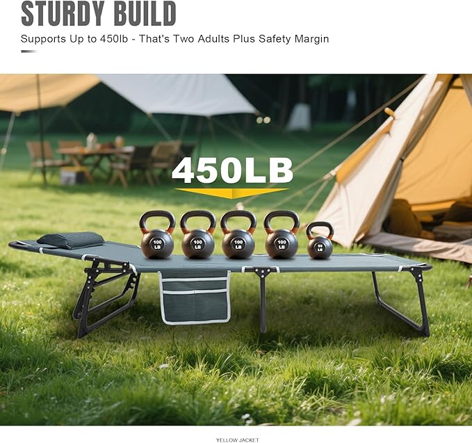 YELLOW JACKET Folding Sleeping Cot Camping Cot with Mattress for Adults 450lbs Max Load Portable Camping Cot with Pillow Adjustable 5-Position Cot for Camping HomeOfficeTravel