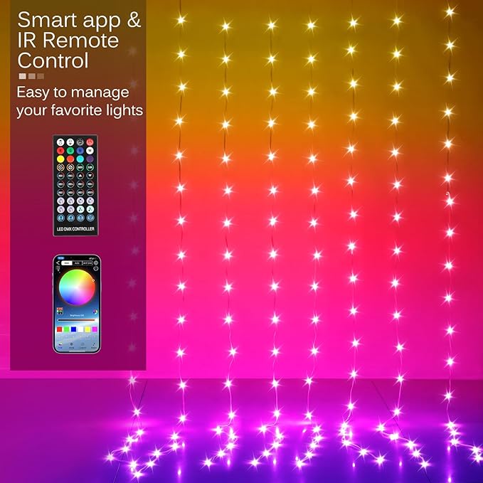 LED Curtain Lights 9.8ft x 9.8ft 300 LED Color Changing String Fairy Lights Curtain Smart APP Control Music &amp Voice Sync for Bedroom Wall Backdrop Indoor Outdoor Christmas Decorations