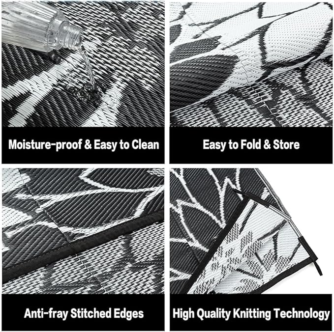 HUGEAR 8'x10' Outdoor Rug Waterproof Plastic Straw Rugs Large Black Reversible Floral Mat Floor Carpet for Camping RV Deck Entryance Porch Picnic Balcony Beach Backyard