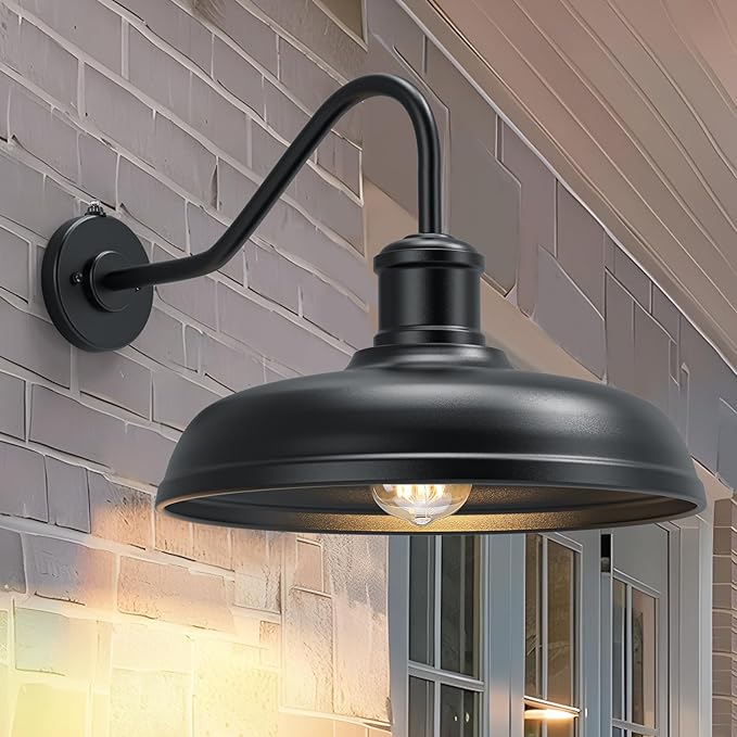 16 Inch Dome Dusk to Dawn Gooseneck Barn Light Outdoor Large Farmhouse Exterior Light Fixture Wall Mount Industrial Outdoor Wall Sconce Outside Lantern for House Porch Garage Entryway Black