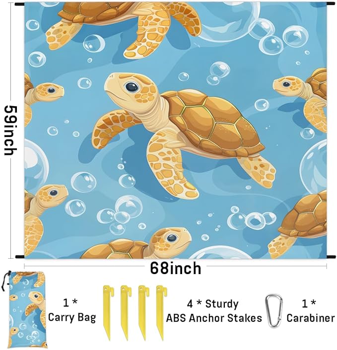 Waterproof Sandproof Beach Blanket 59''×68'' Turtle Polyester Outdoor Picnic Blanket with 4 Stakes &amp Storage Bag for BeachCampingVacation Ginger
