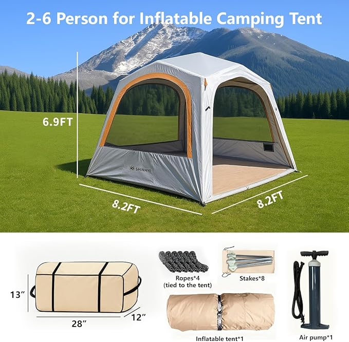 Inflatable Tent for Camping Large Blow Up Tents Glamping 4-8 Person House 4 Season Air with Pump Easy Set up Waterproof Outdoor Oxford