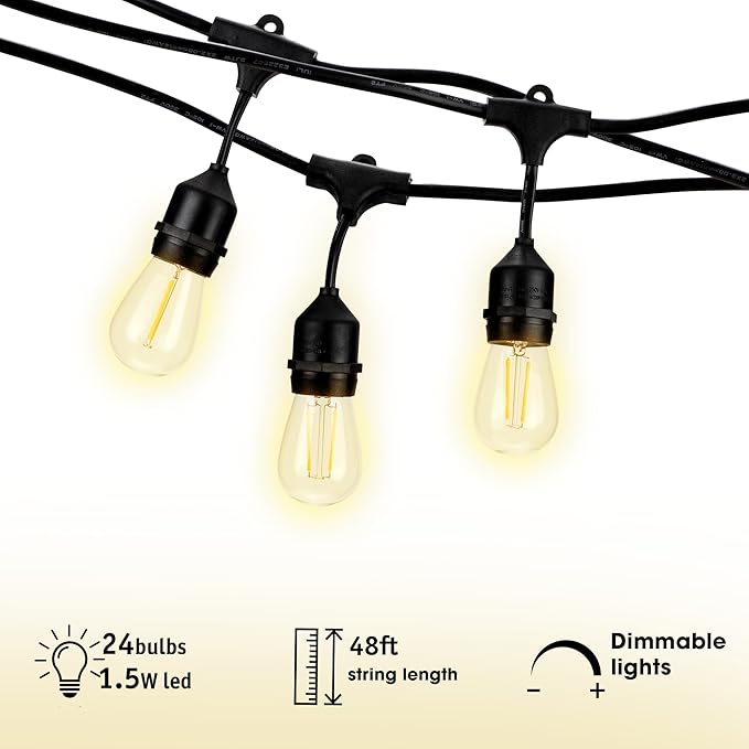 Holiday Lighting Outlet LED Outdoor Patio Lights | 46-Foot Hanging Outdoor String Lights | Includes 16 Dimmable 1.5 Watt Edison Filament Bulb Cafe Lights | Weatherproof Commercial Grade
