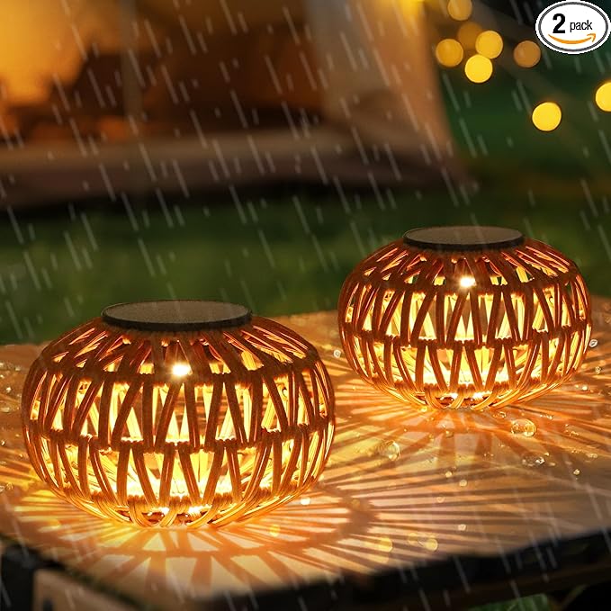 2 Pack Solar Lanterns Outdoor Waterproof Outdoor Table Lamp Decor Rattan Solar Lights Decorative Small Tabletop Lantern Gifts for Mom Grandma Lantern Lights Outside for Garden Yard Steps