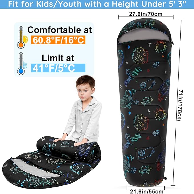 FIOBEE Kids Sleeping Bag for Girls Boys 3 Season Warm &amp Cool Weather Youth Camping Sleeping Bags with Backpacking Bag Waterproof for Traveling Hiking Indoor Outdoor Camping Essentials