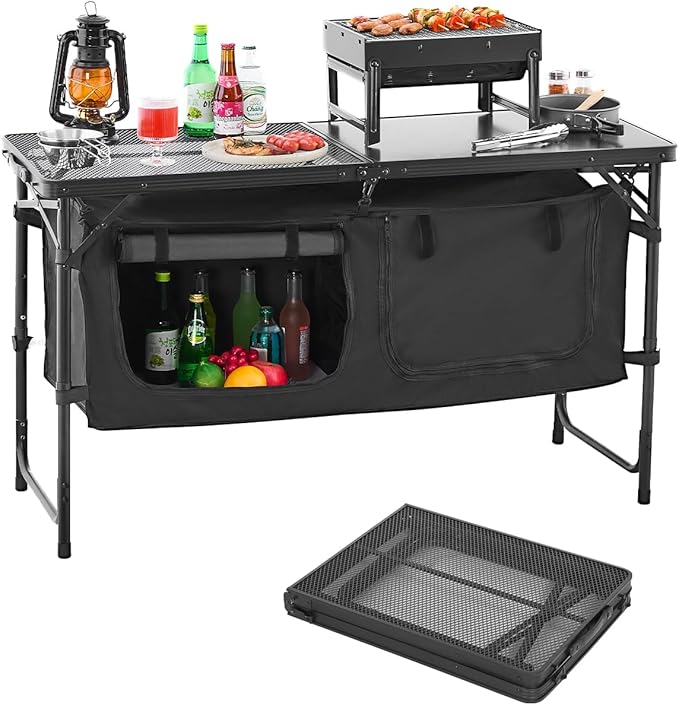 VEVOR Camping Kitchen Table Folding Outdoor Cooking Table 3 Adjustable Heights Aluminum Lightweight Portable Cook Station with Storage Organizer Carry Handle for BBQ Party Picnic RV Travel Black