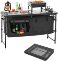 VEVOR Camping Kitchen Table Folding Outdoor Cooking Table 3 Adjustable Heights Aluminum Lightweight Portable Cook Station with Storage Organizer Carry Handle for BBQ Party Picnic RV Travel Black