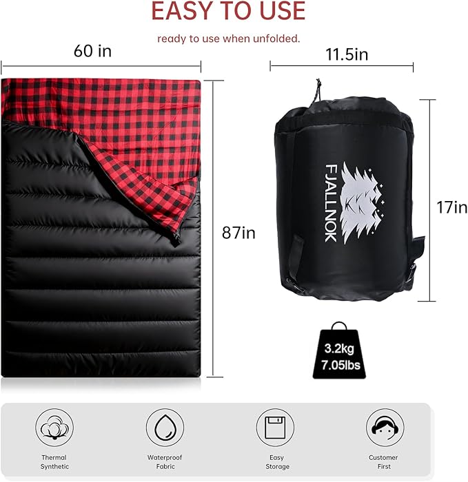 Double Sleeping Bag Cotton Flannel for Camping Backpacking Or Hiking. Queen Size 2 Person Waterproof Sleeping Bag for Adults Or Teens. Lightweight with Compression Sack