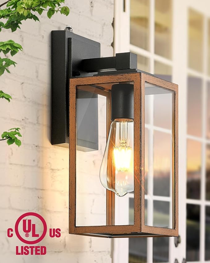 VIANIS 2 Packs Garage Light Outdoor Dusk to Dawn Outside Wall Lights Fixture for House Wood Grain Coach Lantern with Toughened Glass Farmhouse Sconce Wall Mount for Entryway Hallway Garage