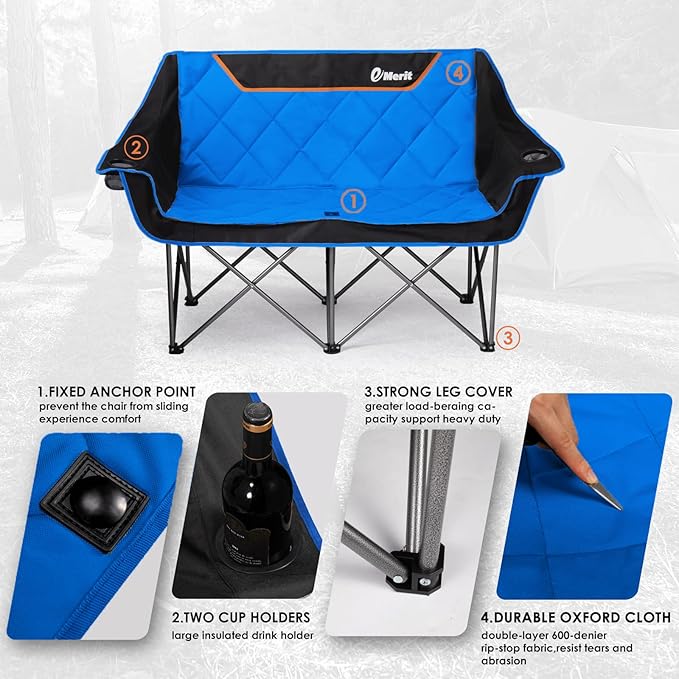 EMERIT Double Camping Chair Oversized Padded for Adults Heavy Duty Folding Loveseat for Outdoor Camping Beach Lawn Concert 650LB
