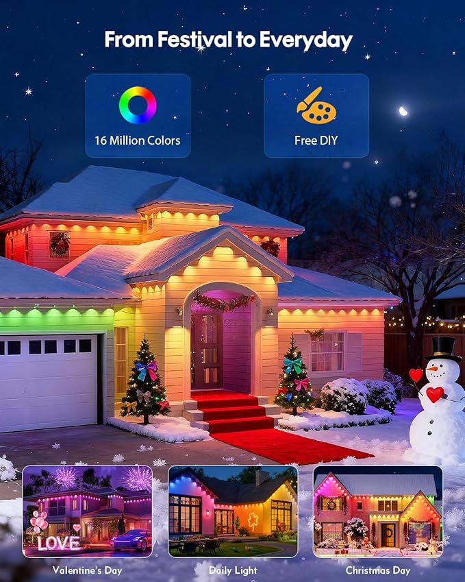Permanent Outdoor Lights 50FT Smart RGB-IC Eave Lights DIY LED Christmas Light 4000K White &amp Multicolor APP/Remote Control Daily Waterproof (IP67) Holiday for House Outside Decor