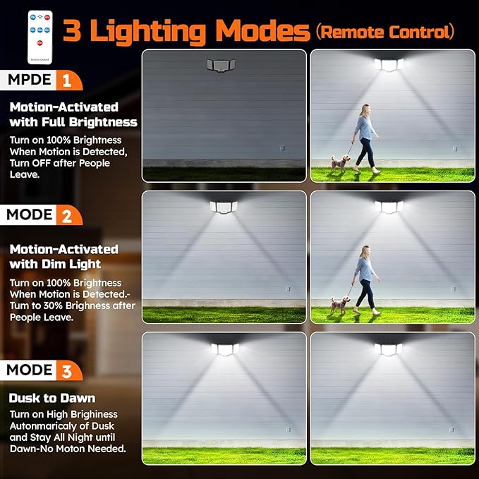 CLAONER LED Security Lights Motion Sensor Outdoor 20W 3000LM Floodlight 6500K 3 Modes IP65 Waterproof 3 Head Detected Flood Light for Garage Yard Door Porch Patio (4 Pack)
