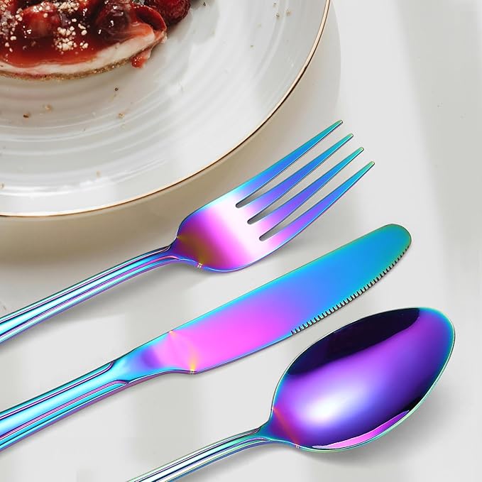 Colorful Forks Spoons Knives Silverware Rainbow Flatware Set for 4 Kitchen 20 Pieces Stainless Steel Cutlery Modern Eating Utensils Double Line Edges Handle