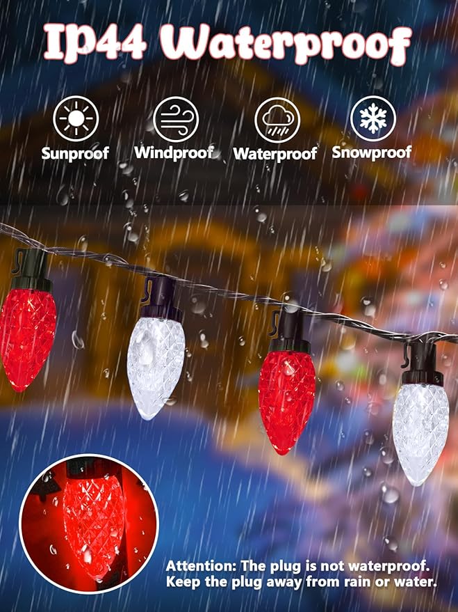 2-Pack Connectable C9 Christmas Lights Outdoor Indoor 66 FT 100 LED Christmas String Lights Plug in with 8 Modes &amp Timer Waterproof Fairy Twinkle Light for Xmas Tree Yard Decorations (Red and Wh
