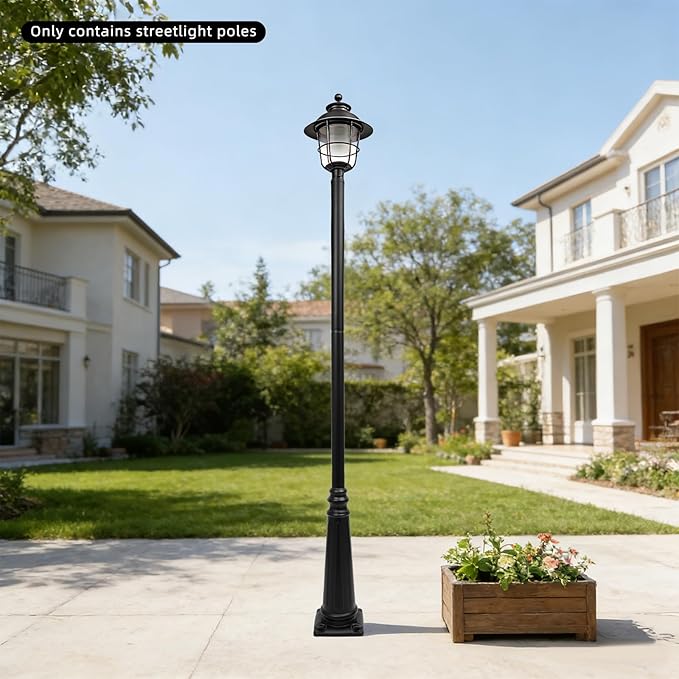 8FT Outdoor Lamp Post Split Street Light Pole with Top Globe &amp Ground Cage Lighting Post Fixtures for Pathway Courtyard Parking Lot Fits Standard 3 Post Top Fixtures (8FT 275+76mm)