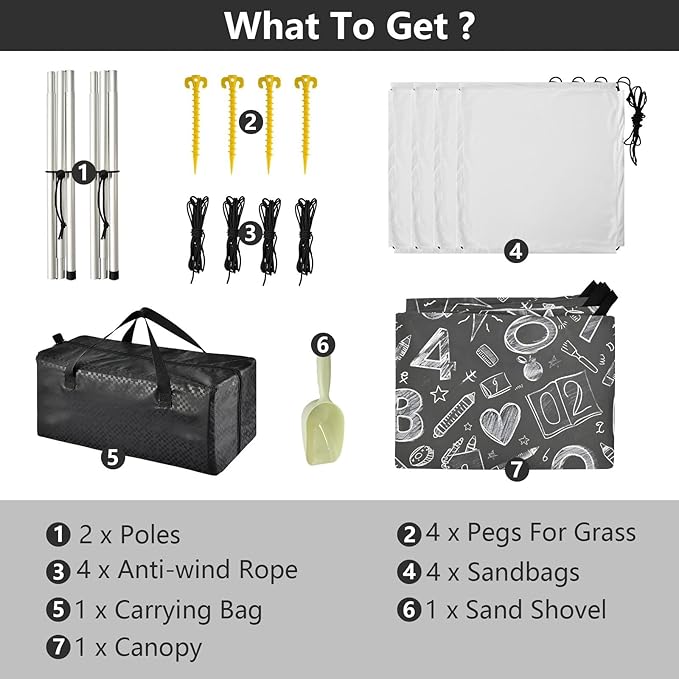 Camping Sun Shelters Chalk Drawn Sketches Numbers and Scribbles Beach Canopy 126 * 110.2in
