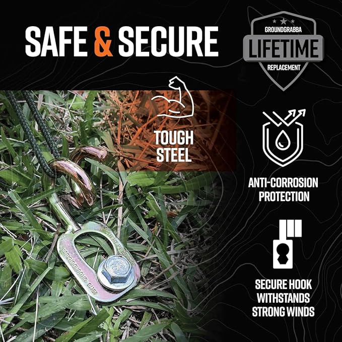 GroundGrabba Junior Stake Kit | Heavy Duty Screw-in Ground Anchors for Tents Outdoor Camping and Backpacking | 4 Stakes The Fang (4) Pigtail (4) 15mm Hex Driver (1)