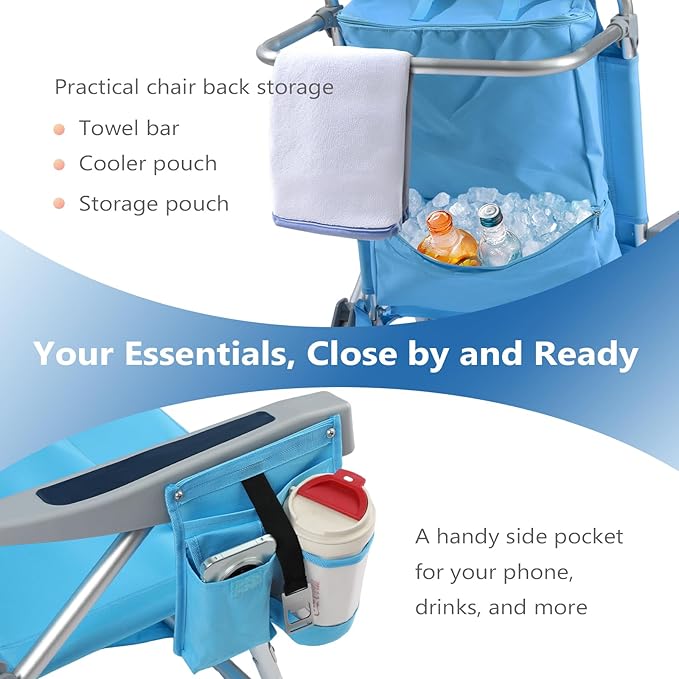 5-Position Aluminum Lay Flat Backpack Beach Chair 2 Pack Compact Portable Low Beach Chairs for Adults Beach Chair with Cooler Pouch Storage Pouch Towel Bar Cup Holder Blue