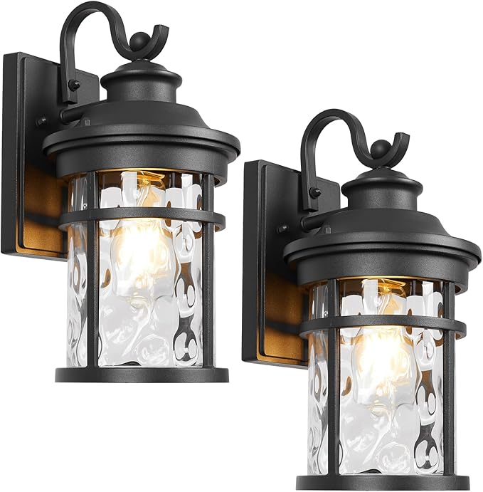 Treekee Outdoor Light Fixture Wall Mount Modern Exterior Wall Sconce with Water Ripple Glass &amp E26 Sockets for Front Porch Farmhouse Rustic Black Wall Lantern Lamp for Patio Garage Home Yard