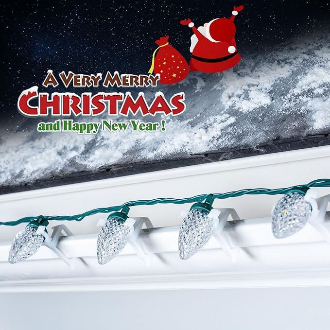 C9 LED Christmas Lights Outdoor 68 Ft 100 LED String with clips Waterproof Christmas Tree Lights for Outside Roofline Garden Decor Blue &amp White