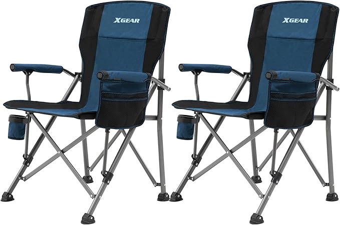XGEAR Camping Chair Hard Arm High Back Lawn Chair Heavy Duty with Cup Holder for Camp Fishing Hiking Outdoor Carry Bag Included