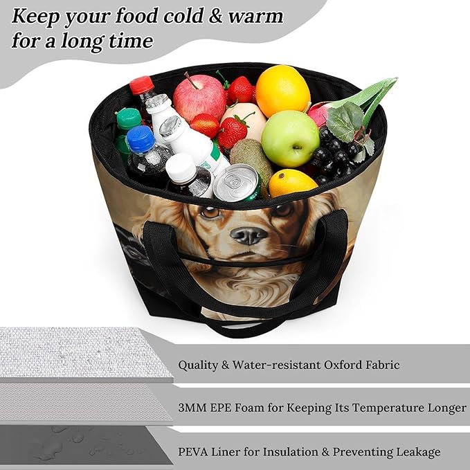 Insulated Shopping BagLarge Reusable Cooler Bags Cocker Spaniel Printed Foldable Shopping BagTravel Waterproof Shoulder Bag