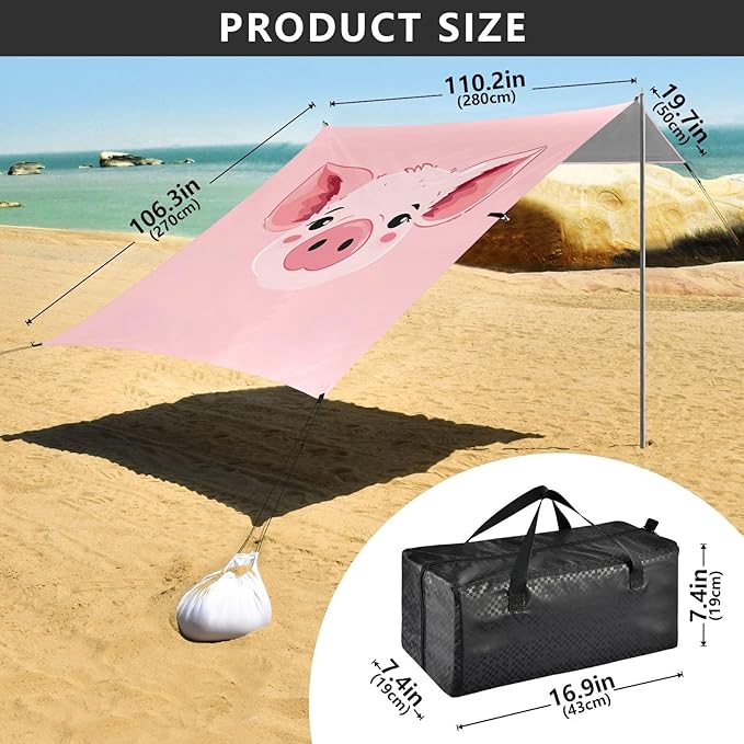 Cute Pig Face Beach Tent Sun Shelter 9.2' x 10.5' Beach Canopy with 4 Sandbags 4 Stability Poles Sand Shovels - Tent Canopy for Beach Camping Fishing Picnics