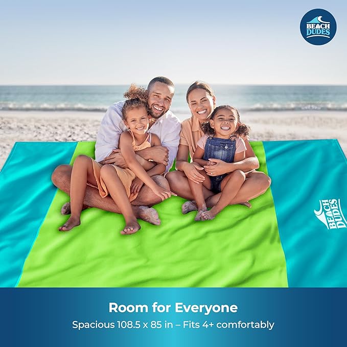 Green Spirit Oversized Beach Blanket - 108x84 XL Sandproof Water-Resistant Picnic Mat | Lightweight Ripstop Nylon for Travel &amp Camping | Includes 4 Stakes and Carry Bag