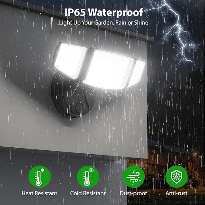 iMaihom 65W 6500LM LED Outdoor Flood Light Switch Controlled Outdoor Security Light 3 Adjustable Heads IP65 Waterproof 6500K Daylight White Hardwired Wall Mount Light for Garage Yard Patio Black