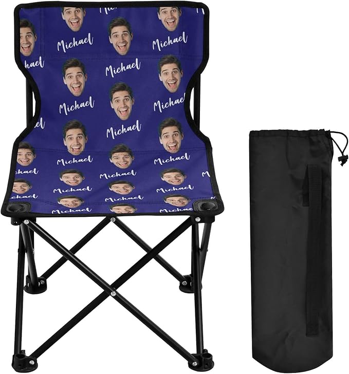 Sinestour Midnightblue Custom Photo Folding Camping Chair for Teen Child Personalized Name 14.6×14.6in Portable Outdoor Chair with Carry Bag for Travel Barbeques Picnic