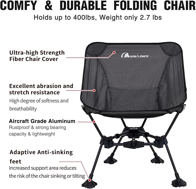 MOON LENCE Portable Camping Chair Backpacking Chair Ultralight Folding Chairs with Tear Resistant Fabric Detachable Anti-Sinking Feet for Beach Black