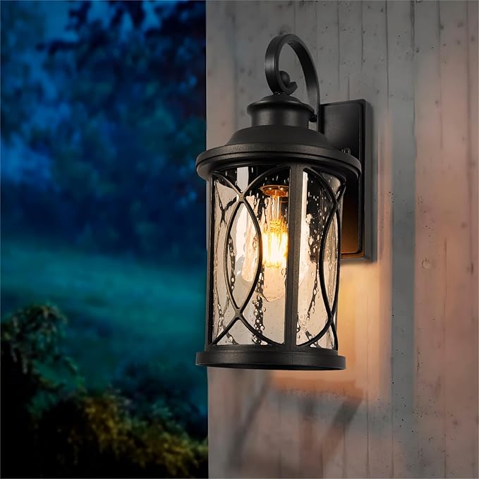Treekee Outdoor Light Fixture Wall Mount Modern Exterior Wall Sconce with Seeded Glass &amp E26 Sockets for Front Porch Farmhouse Rustic Black Wall Lantern Lamp for Patio Garage Home Yard