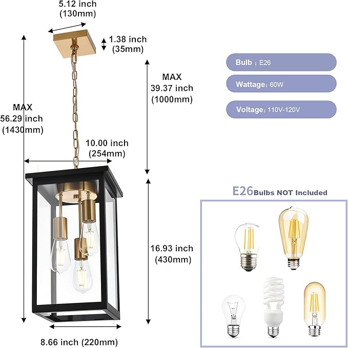 3-Lights Black and Brass Outdoor Pendant Light Exterior Hanging Lantern with Clear Glass Height Adjustable Hanging Light Fixture for Porch Patio Damp Locations E26 Base