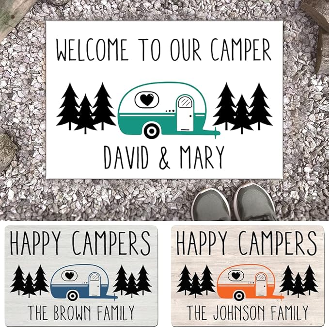 Personalized Happy Camper Doormat Camping - Custom Family Name and Rv Color Camping Door Mat RV Accessories for Inside Outside Funny Campsite Decorations for Travel Trailers 16 x 24 inches