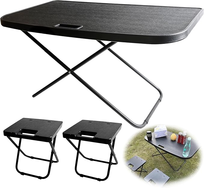 Car Camping Portable Table Compatible with 2021-2024 Tesla Model Y Camping Outdoor Folding Table with 2 Pack Collapsible Stool Tailbox Car for Travel Hiking Picnic BBQ Fishing Beach