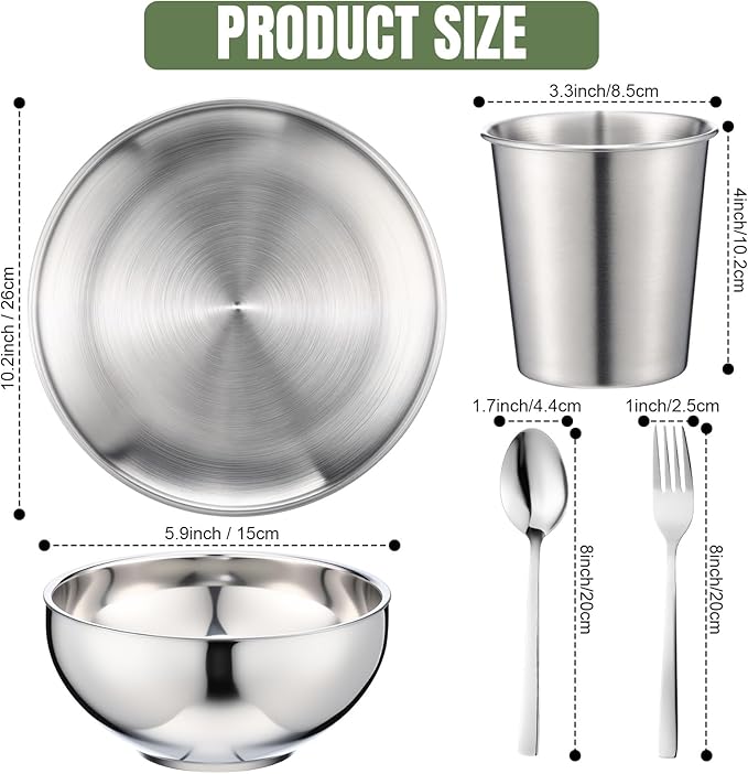 Jinei 30 Pcs 304 Stainless Steel Dinner Set Stainless Steel Plates and Bowls Include Plates Bowls Cups Forks Spoons Utensil Reusable Metal Camping Dinnerware Tableware for Kitchen (SilverLarge)